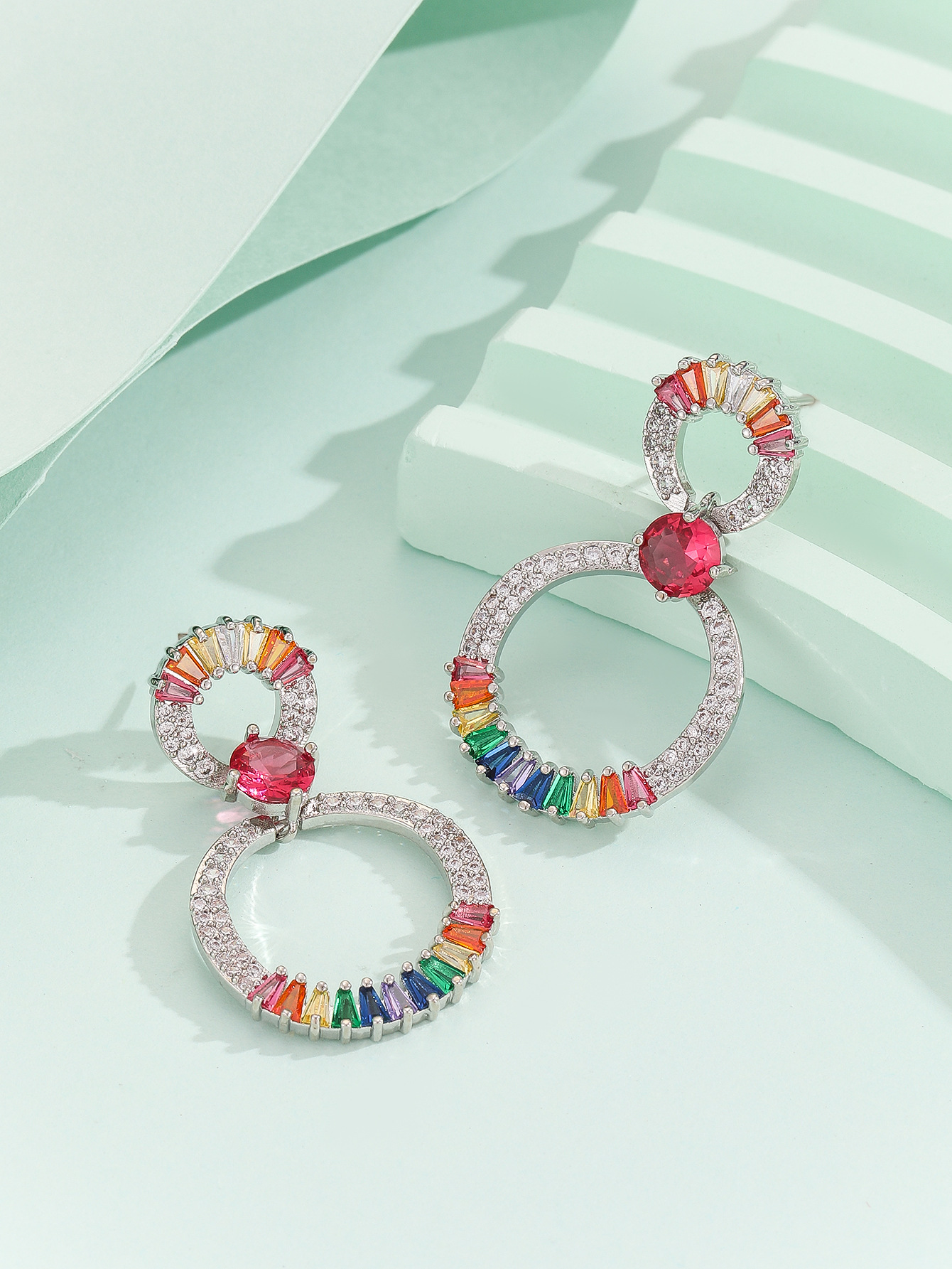 Fashion  Style Earrings Micro Inlaid Colorful Zircon Earrings Super Sparkling Double Hoop Round Personality High-end Temperament Earrings