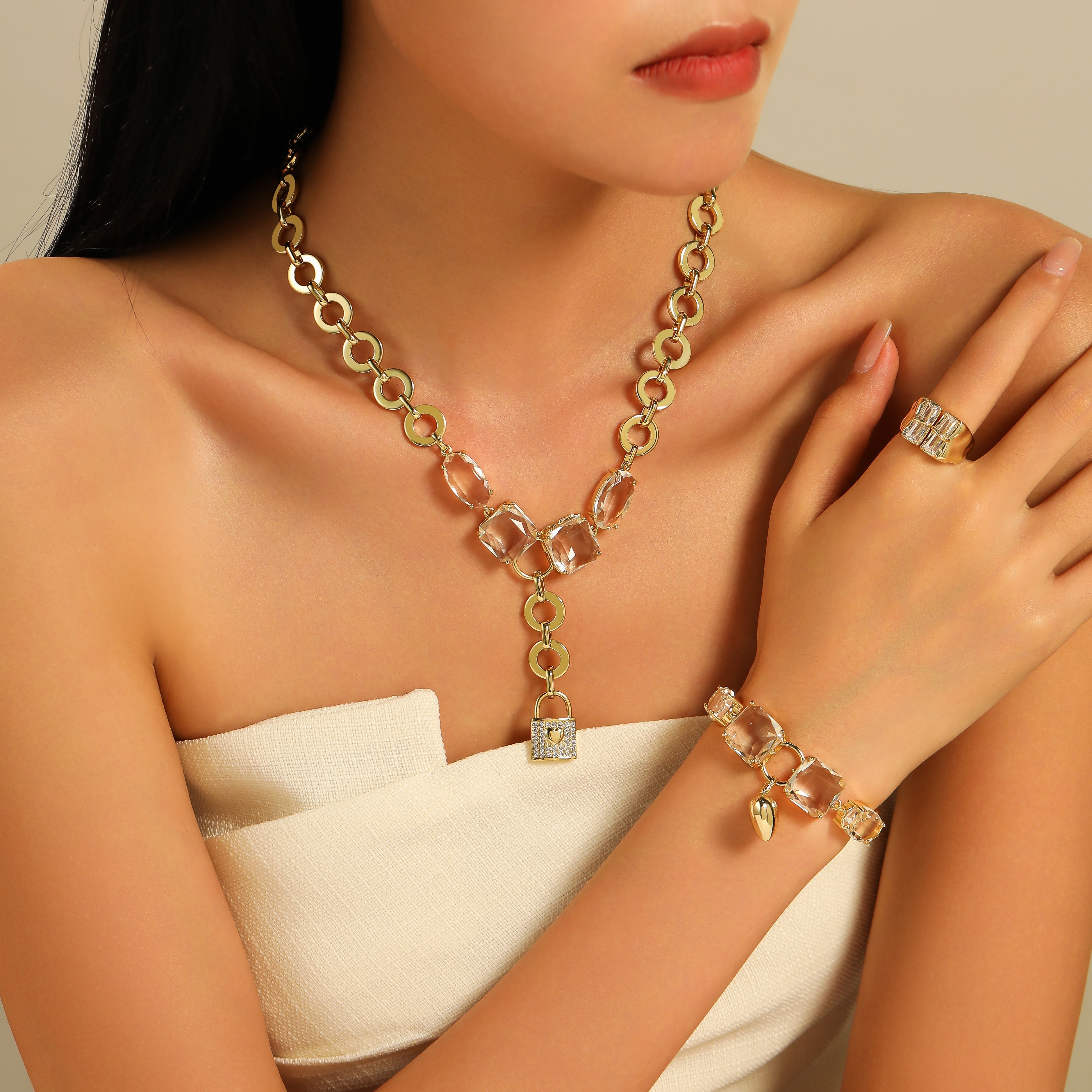 Wholesale Jewelry Elegant Classical Rock Candy Heart Shape Lock Copper Zircon Gold Plated Bracelets Necklace