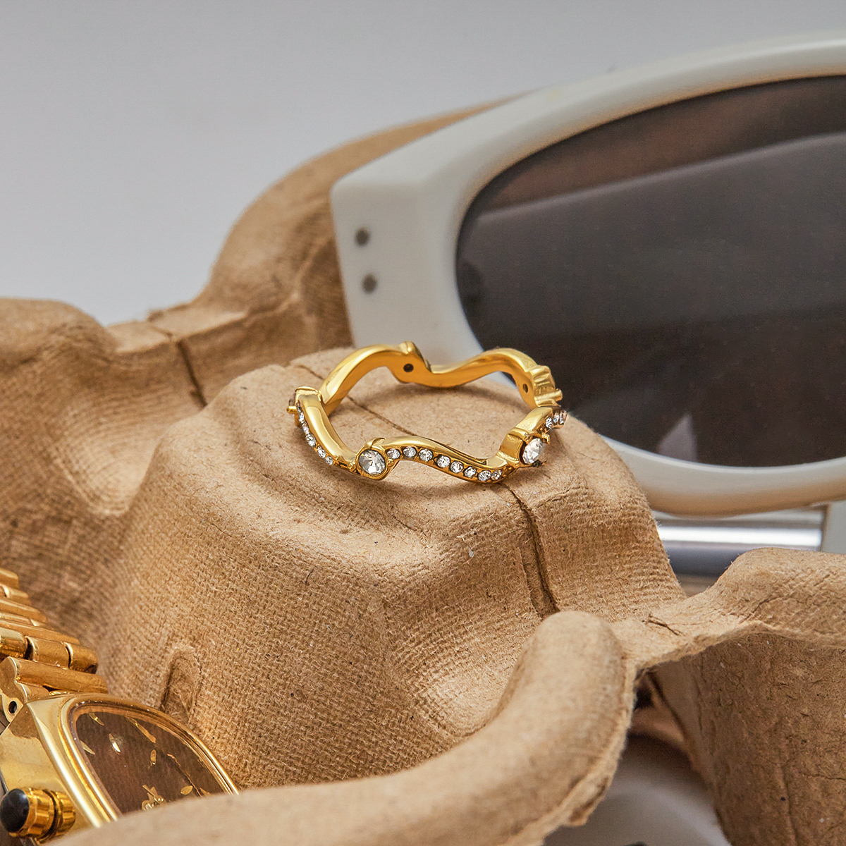 PVD Coated Real Gold Plated Waves 304 Stainless Steel Modern Style Simple Style Waterproof Non Tarnish Rings