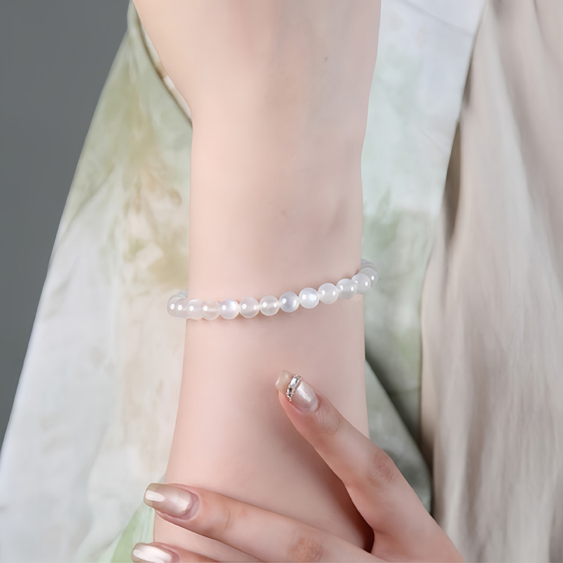 Natural White Moonstone Bracelet Strong Cat's Eye Body Transparent Crystal Gem Classic Round Bead Geometric Pattern Polished