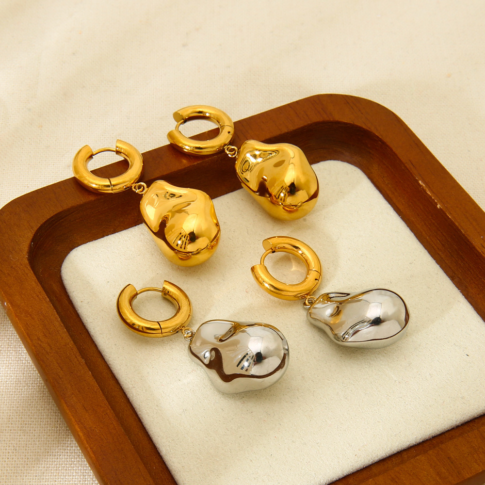 Irregular Baroque Imitation Golden Bean Pendant Earrings Stainless Steel 18K Gold Plated Women's Fashion Jewelry Accessories