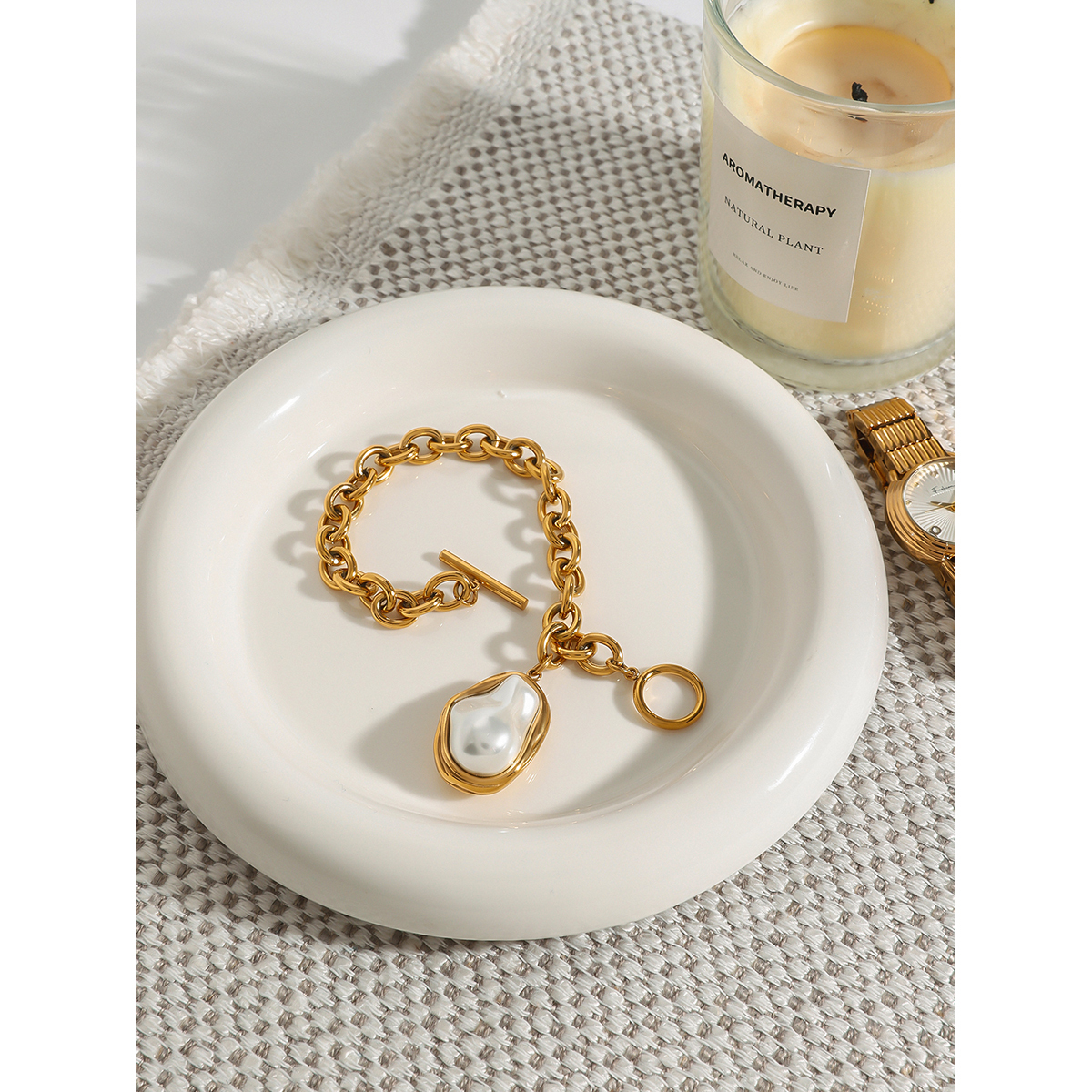 Women's 304 Stainless Steel Cable Chain PVD Coated 18K Gold Plated Toggle Inlay Irregular Pearl Bracelets Imitation Pearl Jewelry