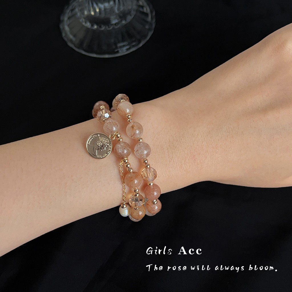 Double Layered Natural Stone Red Hair Crystal Bracelet Luxury Minimalist Fashion Versatile Geometric Pattern Everyday Wear For Women