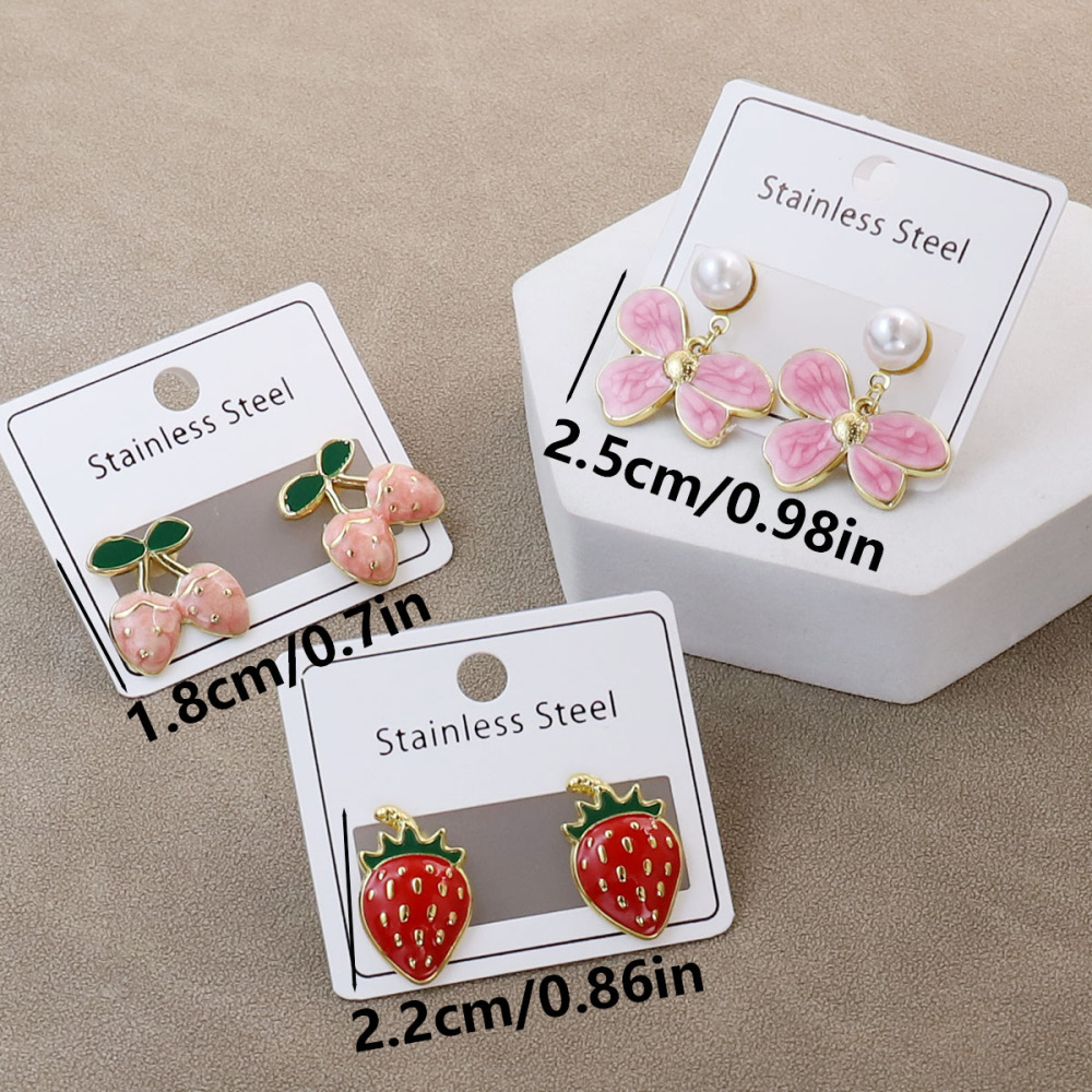 Stainless Steel Bee Strawberry Imitation Pearl Shell Drop Earrings 5 Pairs Or 6 Pairs Fashion Daily Wear Jewelry Perfect Valentine's Day Gift All Seasons Accessories