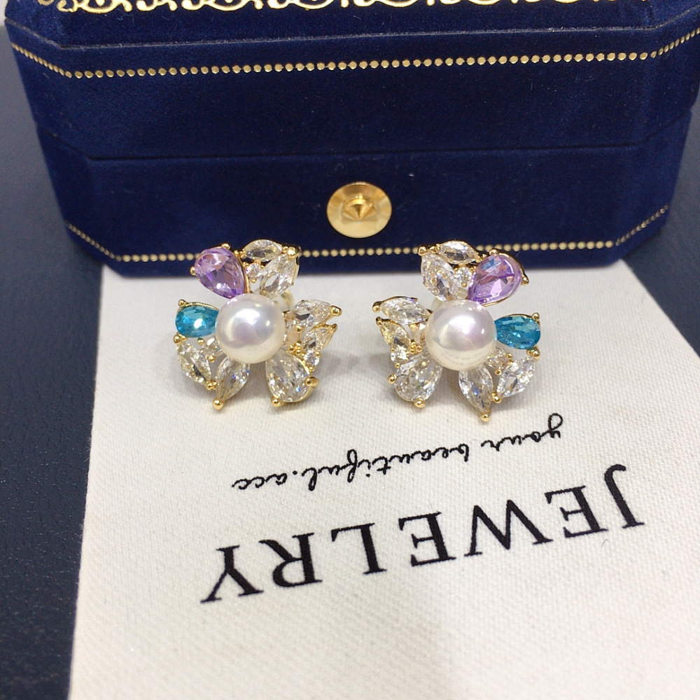 Natural Freshwater Pearl Earrings Women's Colorful Crystal Zircon Flower Pearl Studs Elegant Jewelry Accessories
