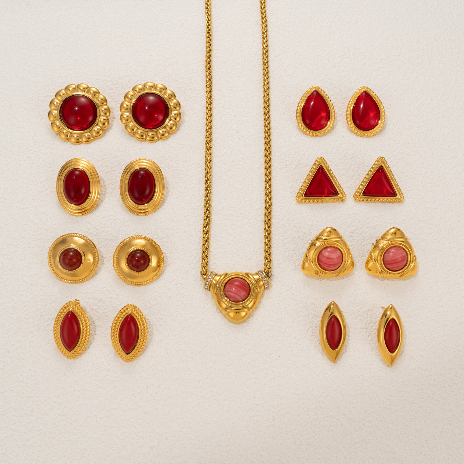 Red Ruby Necklace Earring Set Luxury Sensation 18K Stainless Steel Geometric Pattern Casual Style Women's Jewelry Accessories