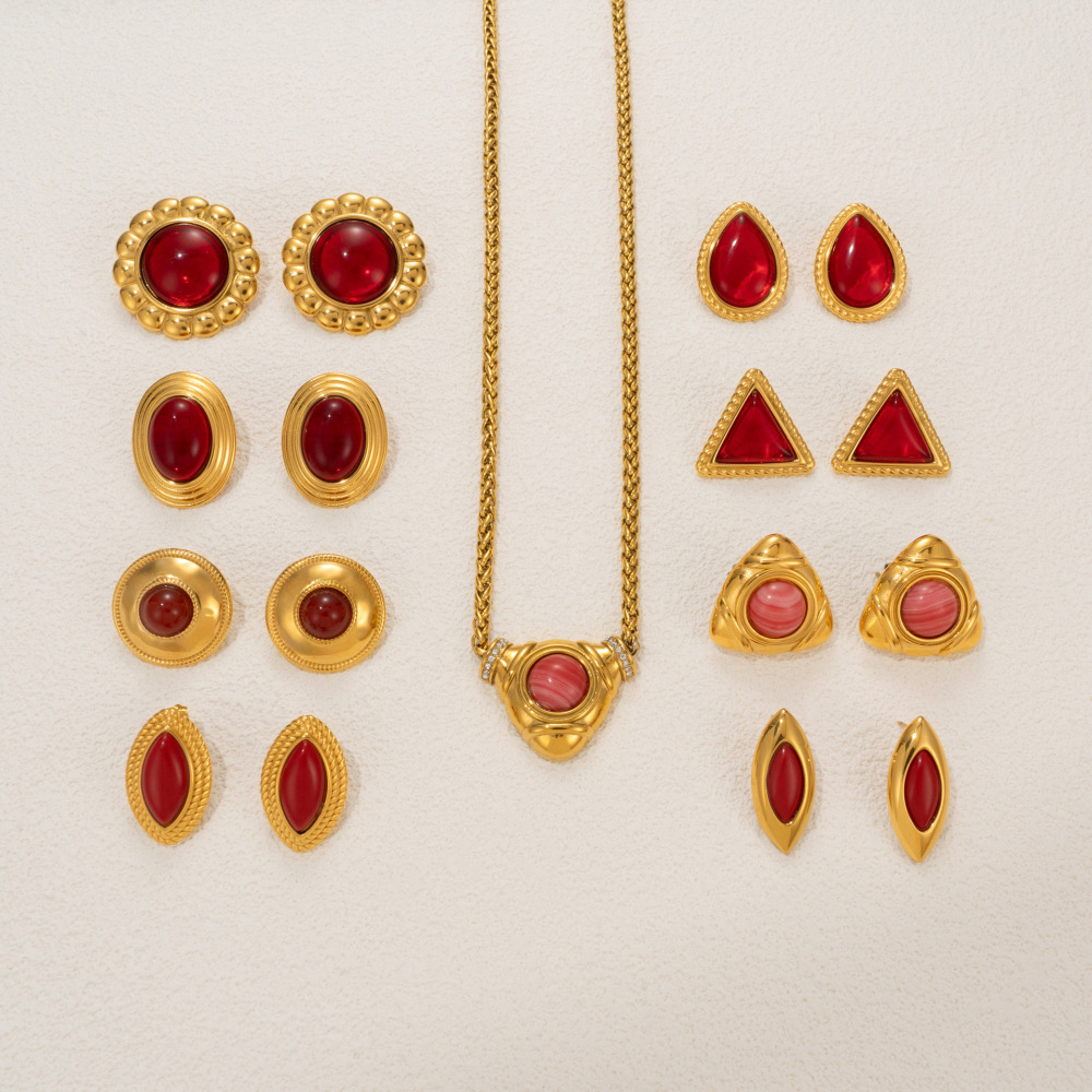 Red Ruby Necklace Earring Set Luxury Sensation 18K Stainless Steel Geometric Pattern Casual Style Women's Jewelry Accessories