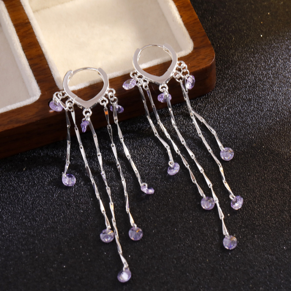 Elegant Long Purple Zircon Tassel Earrings Fashionable Luxury Trendy Versatile High-End Feelings Women's Jewelry Accessories