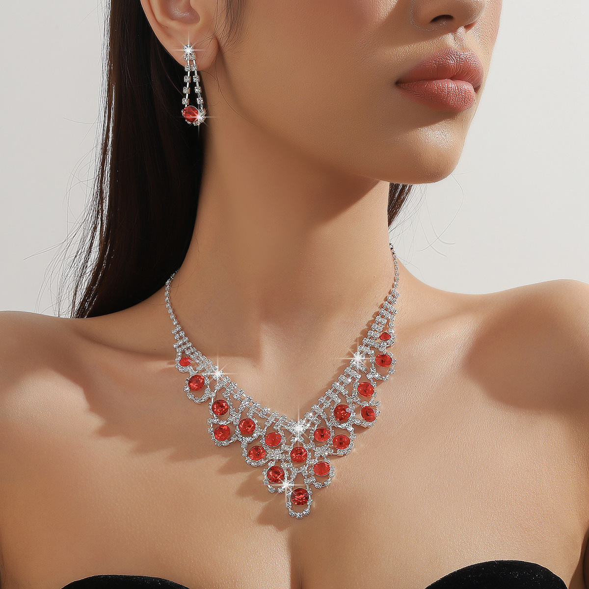 Pearl Rhinestone Necklace Earrings Set Ball Shape Dress Chain Polyester Material Printed Pendant Women Jewelry Accessories