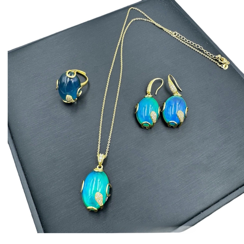 New Fashionable Three-Set Color-Changing Stone Jewelry Elegant Luxury Light Luxury Style Thermal Stone Accessories Leaf Pattern
