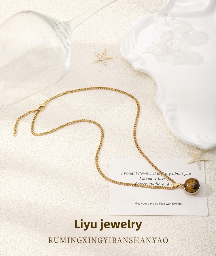 Fashionable Tiger Eye Stone Pendant Necklace Metal Chain Non-Fading 3D Design Versatile Layering Luxury Clavicle Chain Accessory