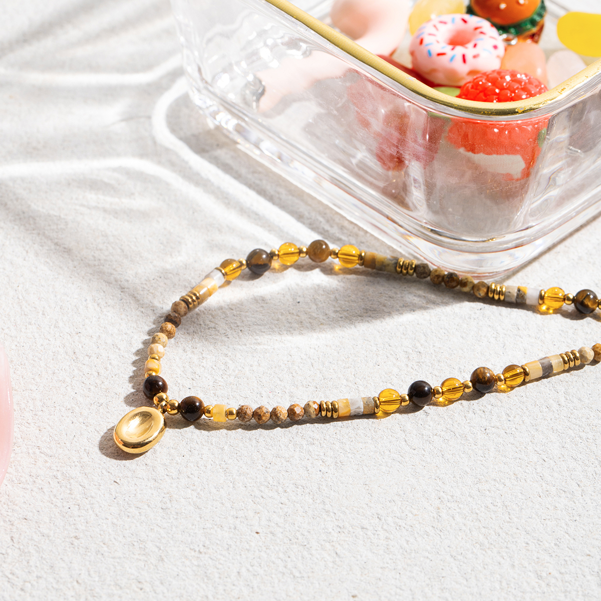 Ladies Classic Style 18K Gold Plated Stainless Steel Oval Pendant Tiger Eye Stone Crystal Natural Gemstone Beaded Necklace