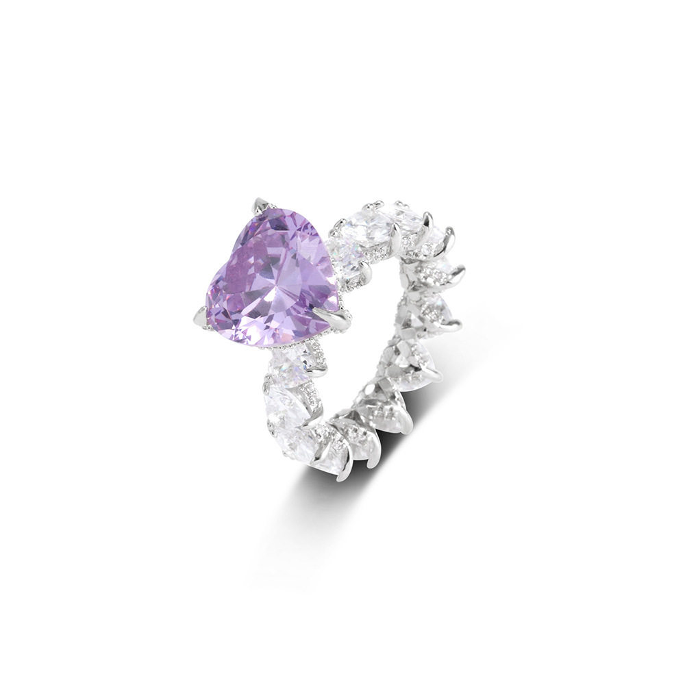 Jewelry Hip Hop Color Zircon Heart-Shaped Ring  18K Gold Plating Platinum Women's Ring  Zhang Yang Atmospheric Trend Female Ring