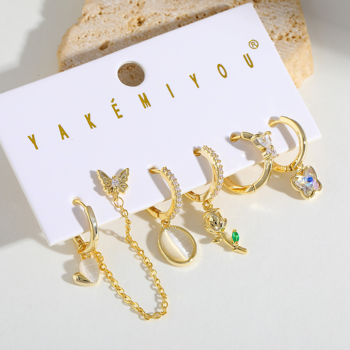 Yakemiyou Copper Plated 14K Gold Embedded Zircon Butterfly Tulip Earring Set Women's Fashion Jewelry Cute Shiny Polished Finish