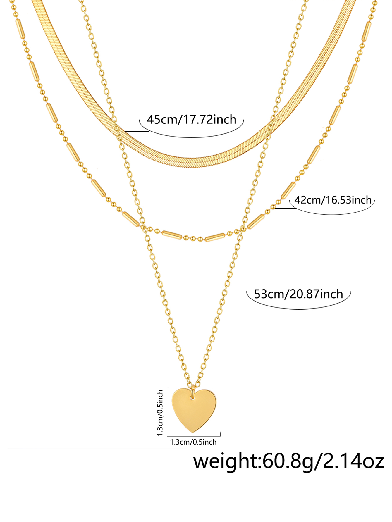 Women's Multi-layer Necklace Gift Set Gold Heart Pendant + Snake Bone Chain + Round Bead Chain French Light Luxury Style Versatile Necklace Niche Design Accessories