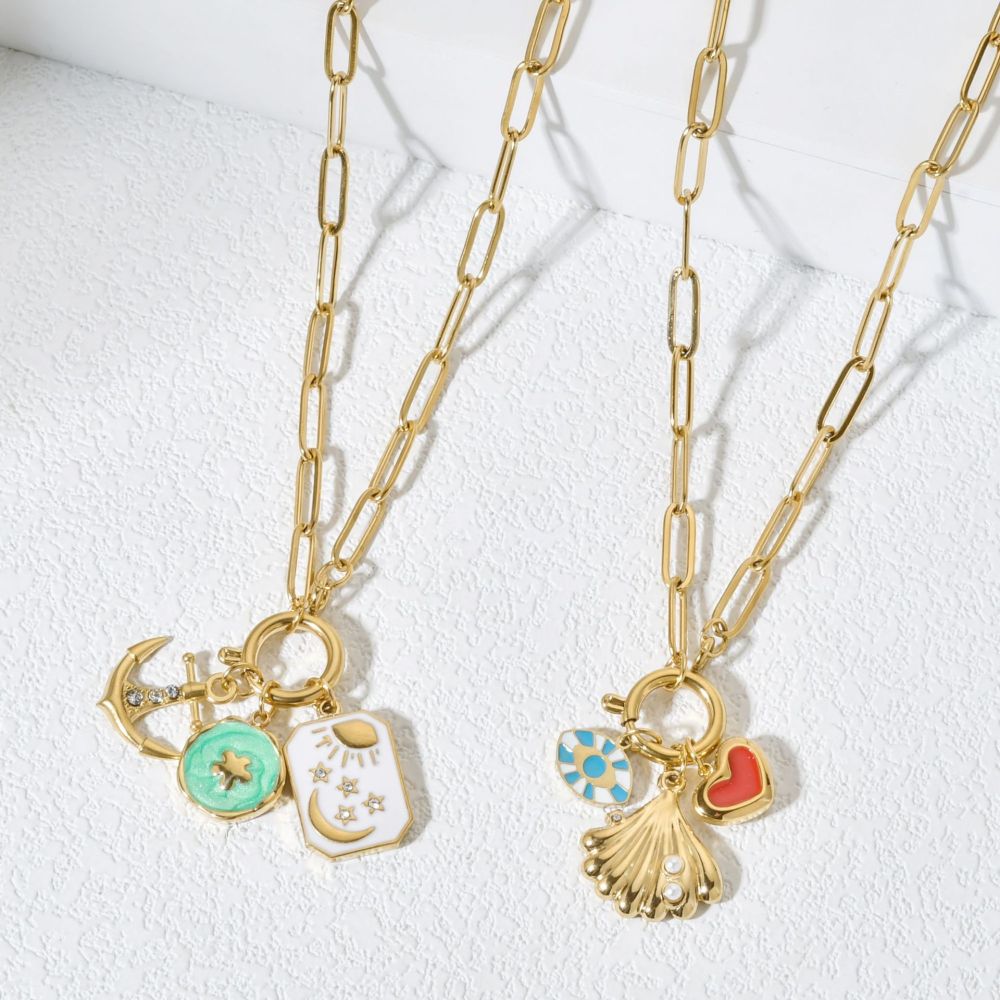 Stainless Steel Spring Buckle Necklace Star Moon Heart Pendant DIY Accessories Geometric Pattern Simple Style For Women