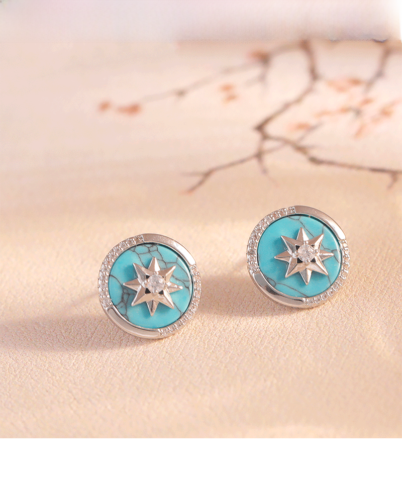 Retro Hong Kong Style Hepburn Turquoise Diamond Embedded Earrings Unique Design Sensation Luxury Fashion Trend New Arrival