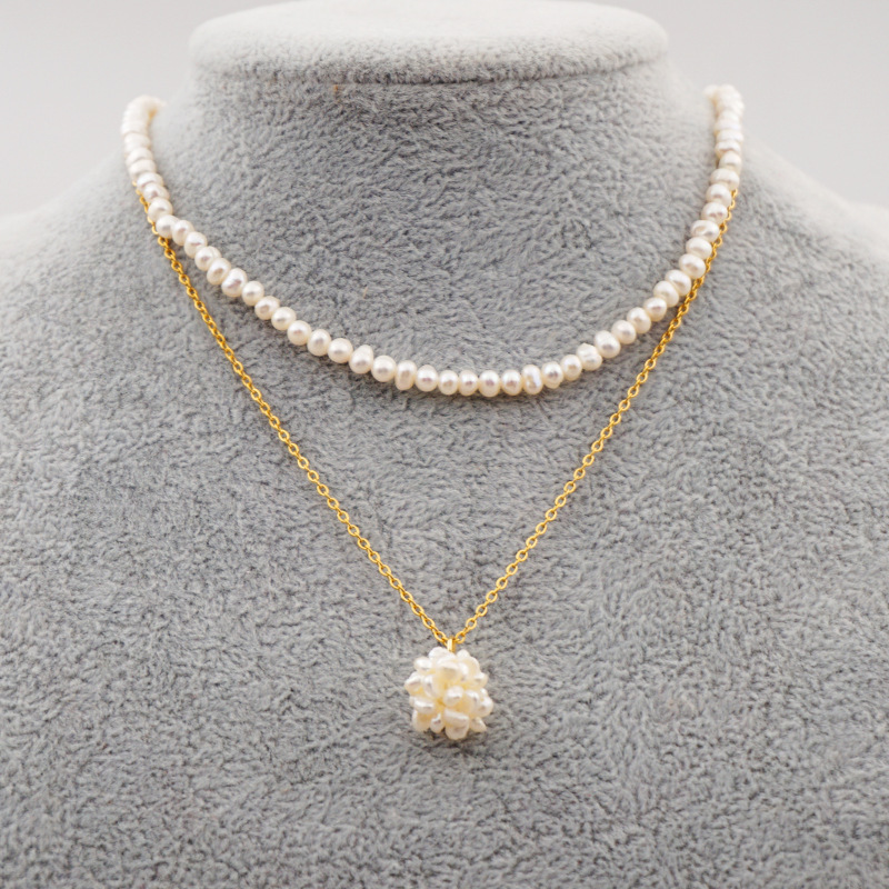 Two-layer Freshwater Pearl Necklace Simple Pearl Ball Collarbone Chain Vintage Accessories Geometric Wedding Jewelry Suitable For Women