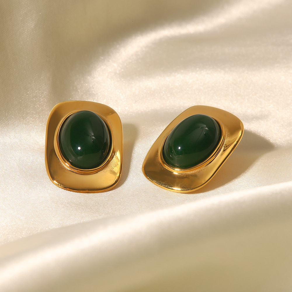 304 Stainless Steel Geometric PVD Coated Cat's Eye Stone 18K Real Gold Plated Retro Classic Style Inlay Ear Studs