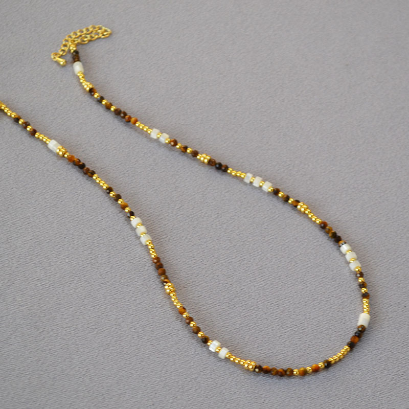 French Vintage Design Shell Beads Tiger Eye Stones Necklace Collarbone Chain Women Simple Elegance Jewelry Accessories