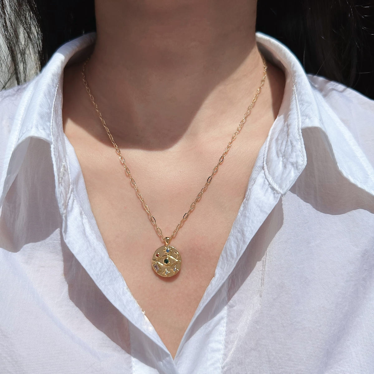 Brass Plated 24K Real Gold  Entry Lux Niche Devil's Eye Pendant Necklace Women's High-Grade Zircon Round Brand Twin Clavicle Chain N1