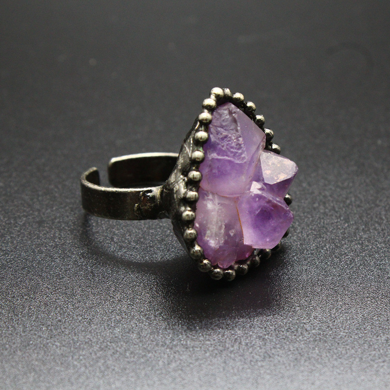 Natural Crystal Flower Ring Open Unshaped Raw Stone Ring Vintage Style Jewelry Crystal Accessories Fashionable Handmade Ring