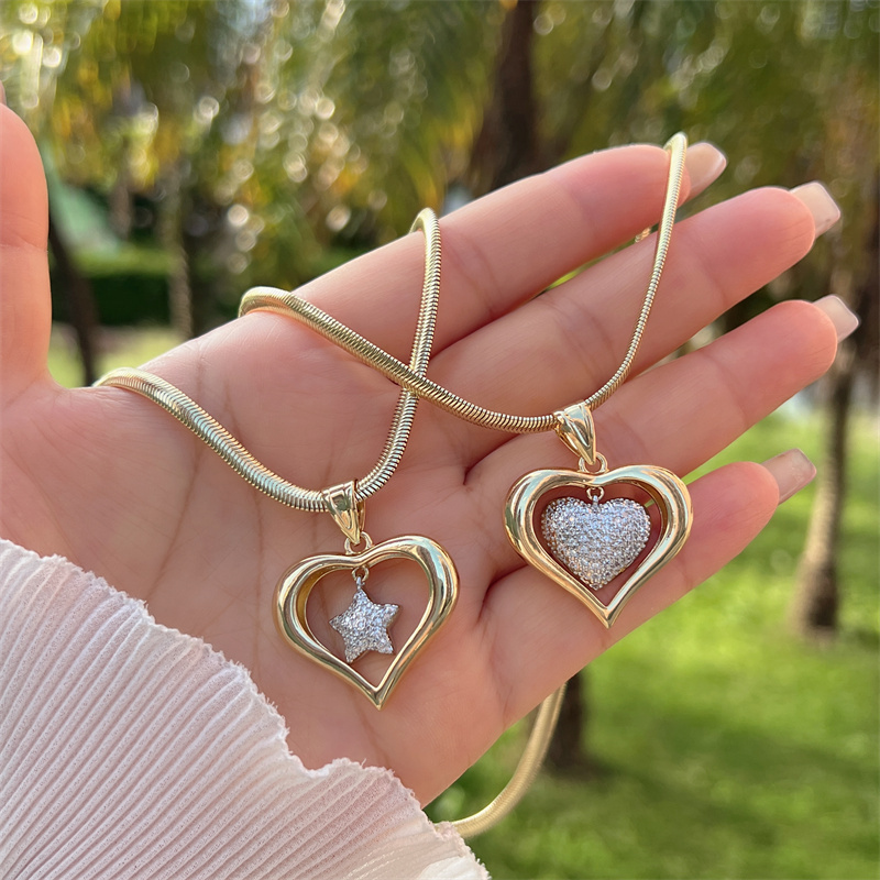 1 Piece Copper Plating 18K Gold Love Heart With Cutout XINGX Small Heart-Shaped Full Of Diamond Zircon Snake Chain Suitable For Men Women Daily Wear Suitable For Gifts  Original New Arrivals