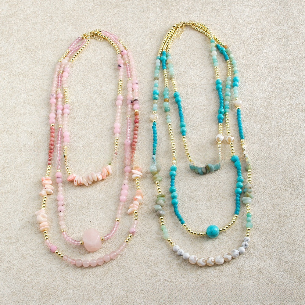 Bohemian Style Multi-layer Natural Stone Glass Bead Necklace Irregular Handmade Geometric Pattern Women's Jewelry Accessories