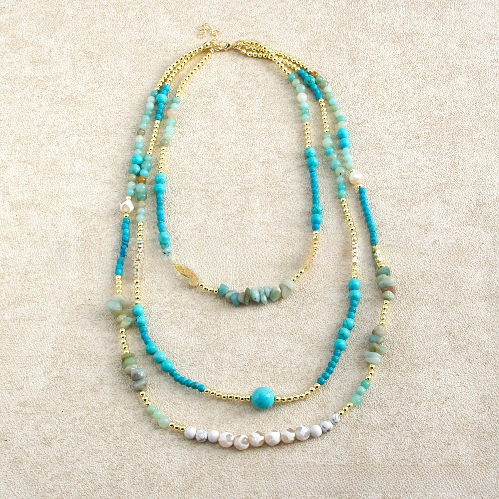 Bohemian Style Multi-layer Natural Stone Glass Bead Necklace Irregular Handmade Geometric Pattern Women's Jewelry Accessories