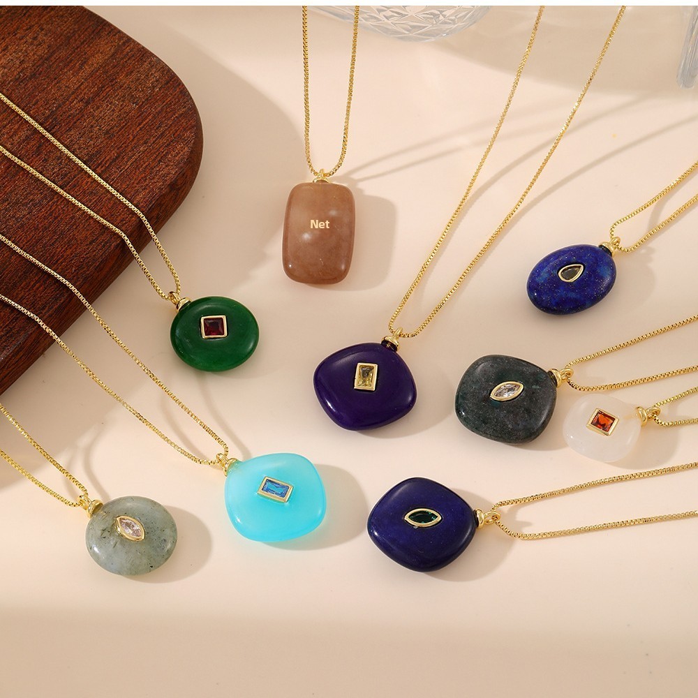 Trendy Natural Stone Round Necklaces For Women Simple Fashion Geometric Pattern Plated Jewelry Accessories Oval Shape Old Money Style
