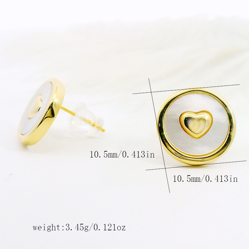 Fashionable Round Shell Earrings For Women 18K Gold Heart Design Luxury Style Geometric Pattern Copper Jewelry Accessories