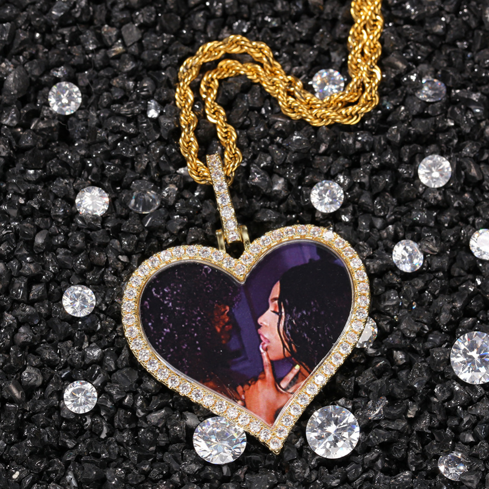 Fashion Hip-Hop Style Pendant Necklace Copper Material Inlaid With Zircon Heart-Shaped Photo Unisex Internet Celebrity Style Jewelry Accessories