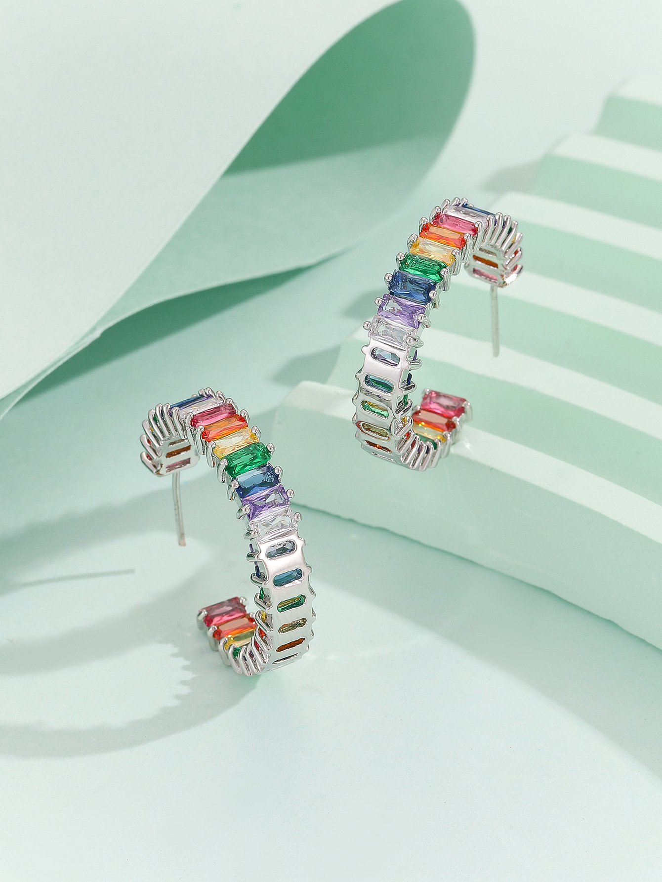 Colorful Zirconia Stud Earrings Stylish Versatile Elegant Popular  C-Shaped Hoop Earrings For Women