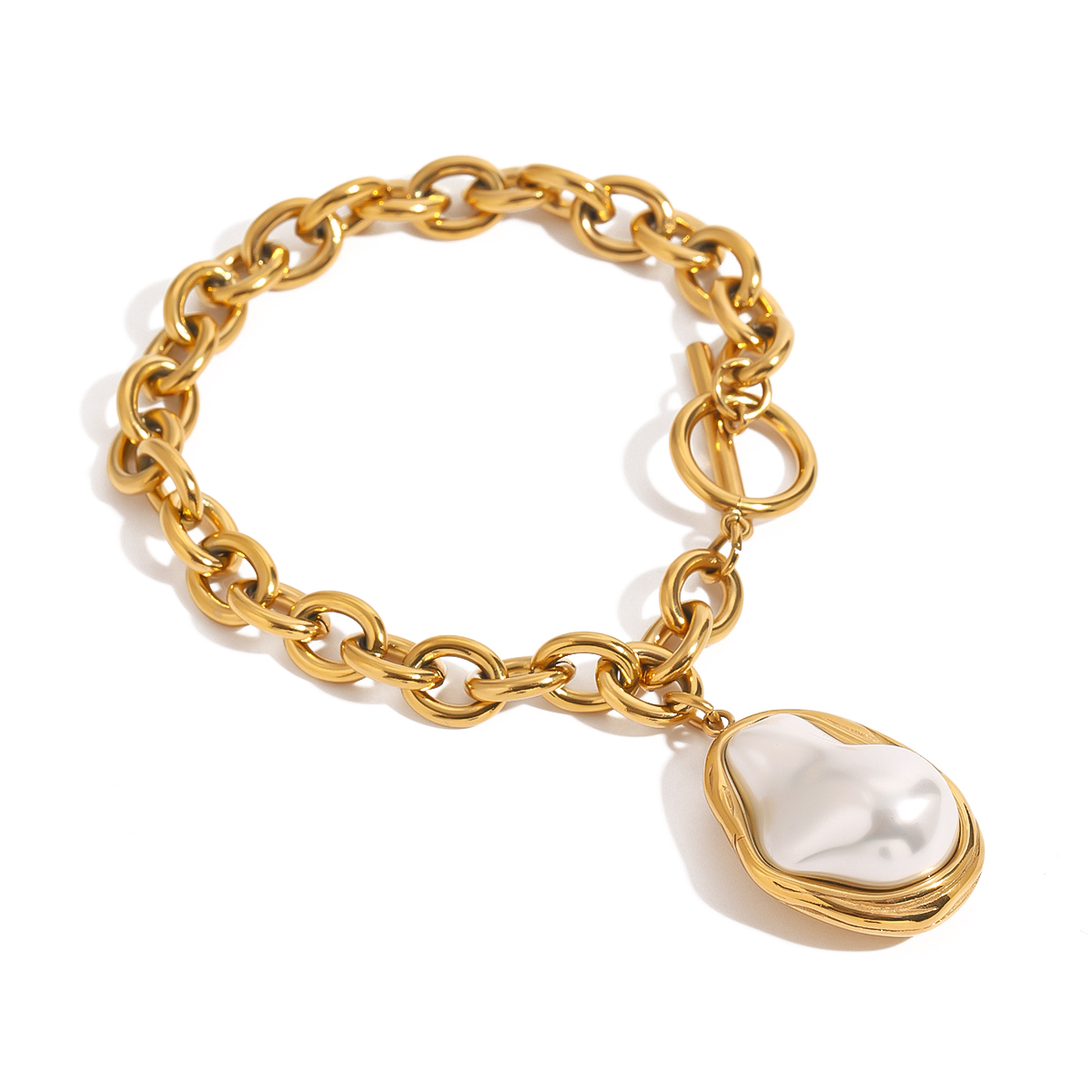 Women's 304 Stainless Steel Cable Chain PVD Coated 18K Gold Plated Toggle Inlay Irregular Pearl Bracelets Imitation Pearl Jewelry
