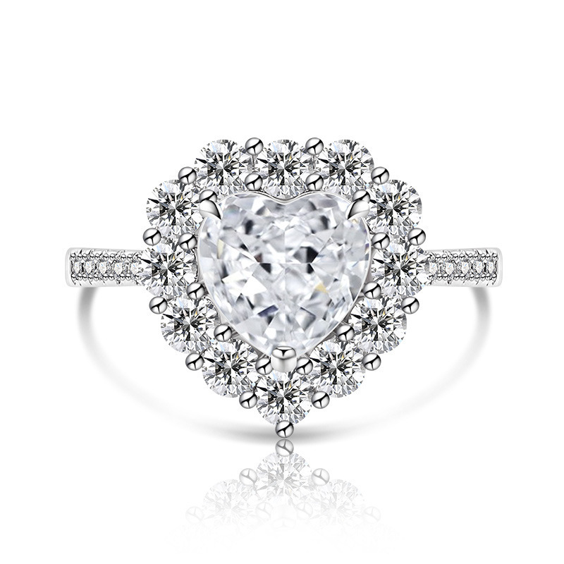 Fashion Heart-shaped Plated Platinum Ring Simple Luxurious Ice Crystal Cut Colored Gemstone High Carbon Diamond Ring Live Streaming Dropshipping
