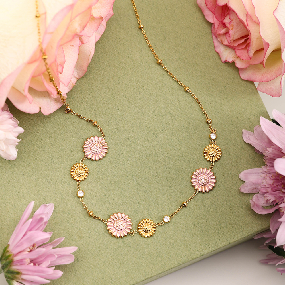 316 Stainless Steel  PVD Coated Chrysanthemum Casual Vacation Commute Cable Chain Necklace For Women's