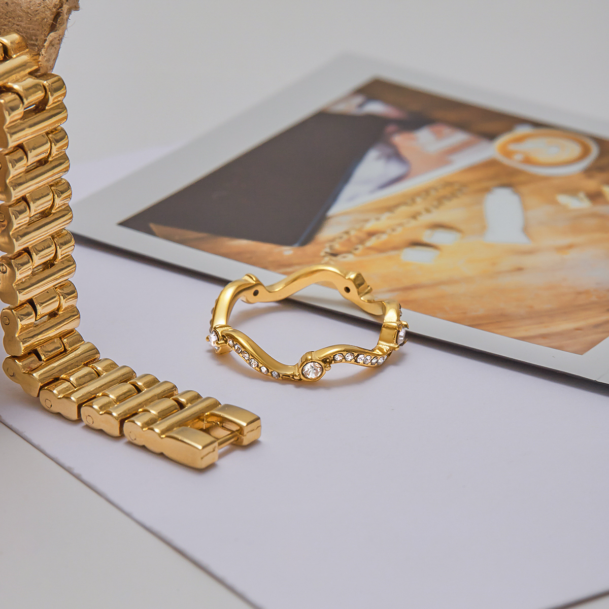 PVD Coated Real Gold Plated Waves 304 Stainless Steel Modern Style Simple Style Waterproof Non Tarnish Rings