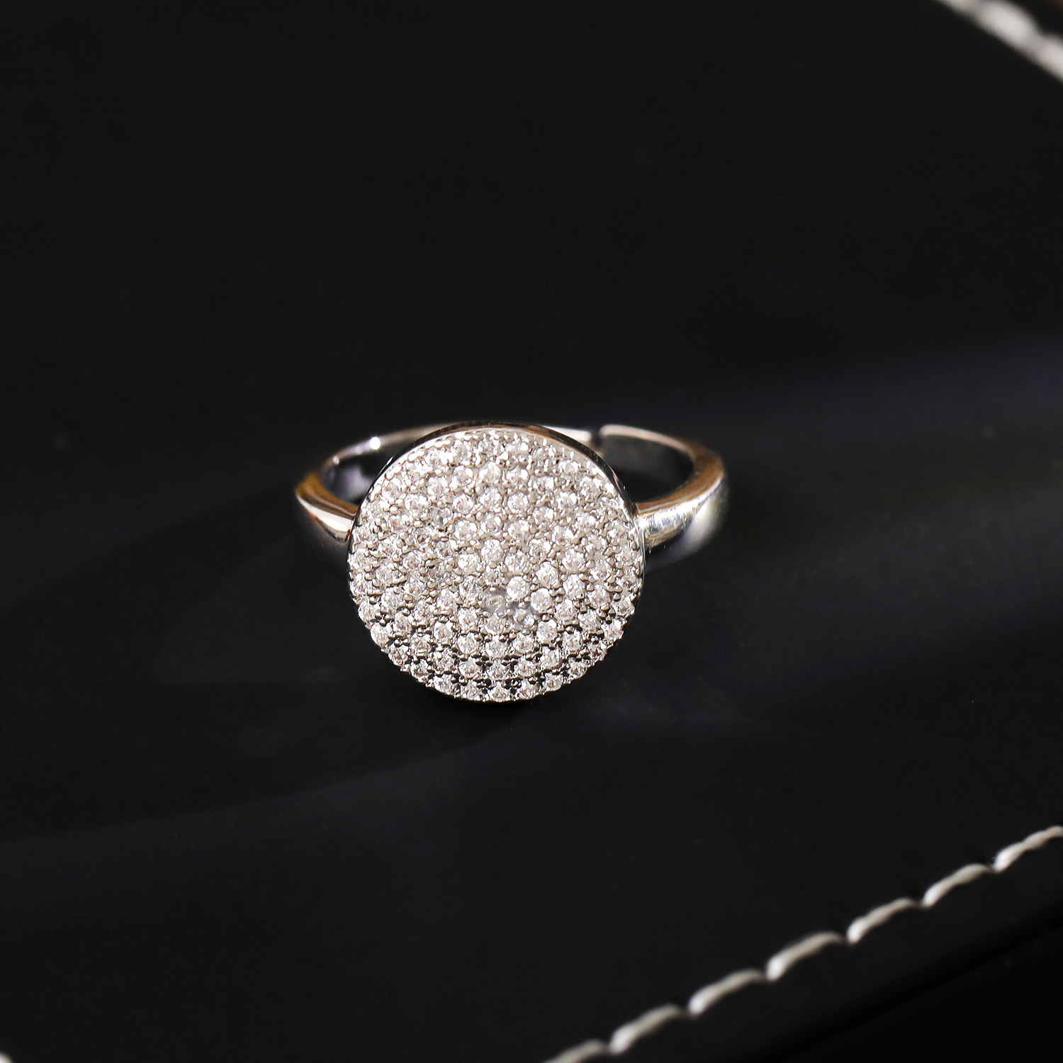 Elegant Silver Ladies Zircon Ring  Fashion Full Face Micro Paved Adjustable Open Hand Ring Simple Style