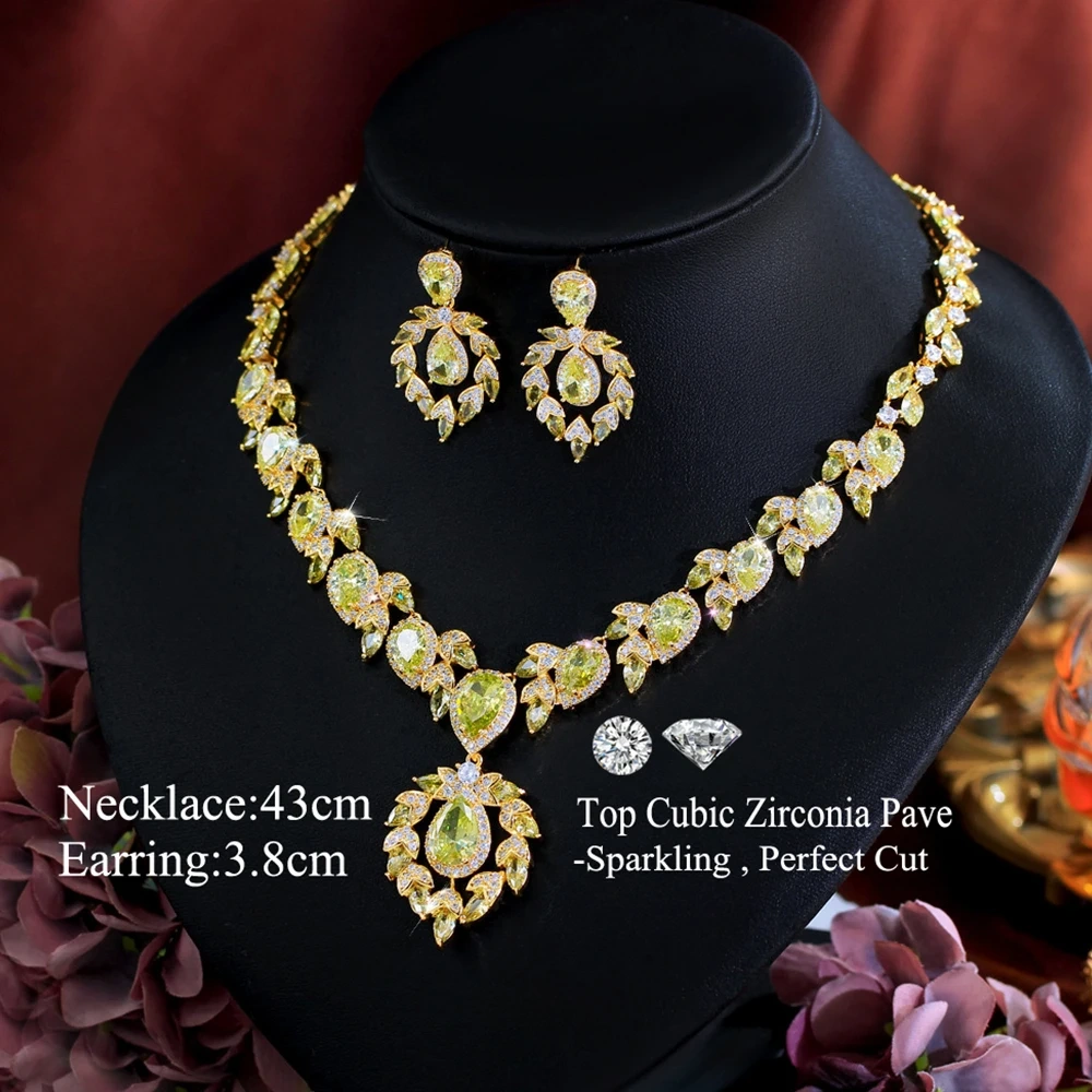 Luxury Olive Green CZ Zircon Big Leaf Necklace 2Pcs Sets For Women Dubai Gold Color Wedding Party Dress Jewelry