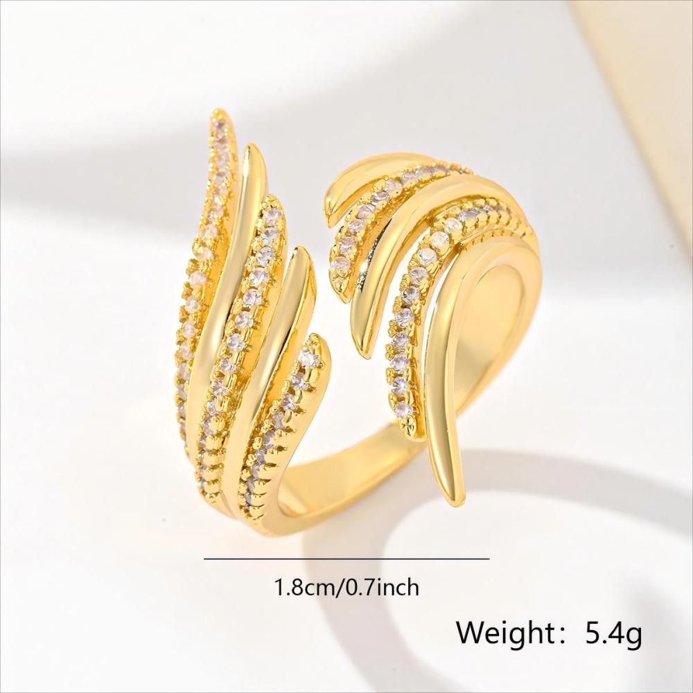 1 Piece Copper Inlaid Zircon Feather Design Luxurious Fashion Exaggerated Women's Ring Party Evening Accessories
