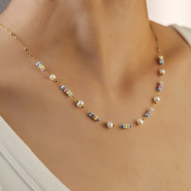Fashion Luxury Colorful Beaded Necklace Natural Stone Choker Trendy Design Festive Atmosphere Titanium Steel Simple Craftsmanship For Women