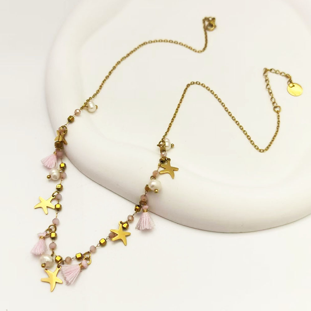 Handmade Bohemian Beach Tassel Necklace Women's Pearl Starfish Coast Jewelry Fashionable Stainless Steel Mixed Material