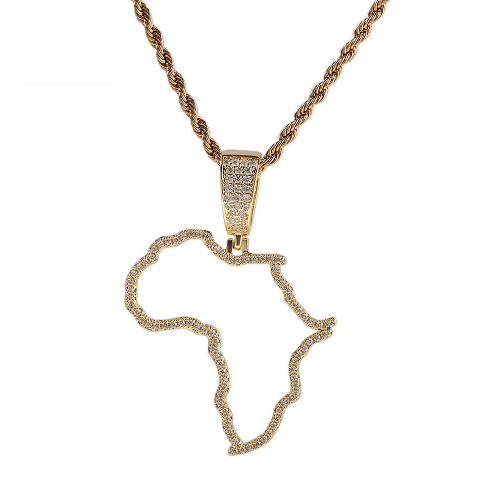 Fashion Hollow Copper Inlaid Zircon African Map Pendant Vacuum Electroplated 304 Stainless Steel Unique Design Hip Hop Style Fashion Accessories