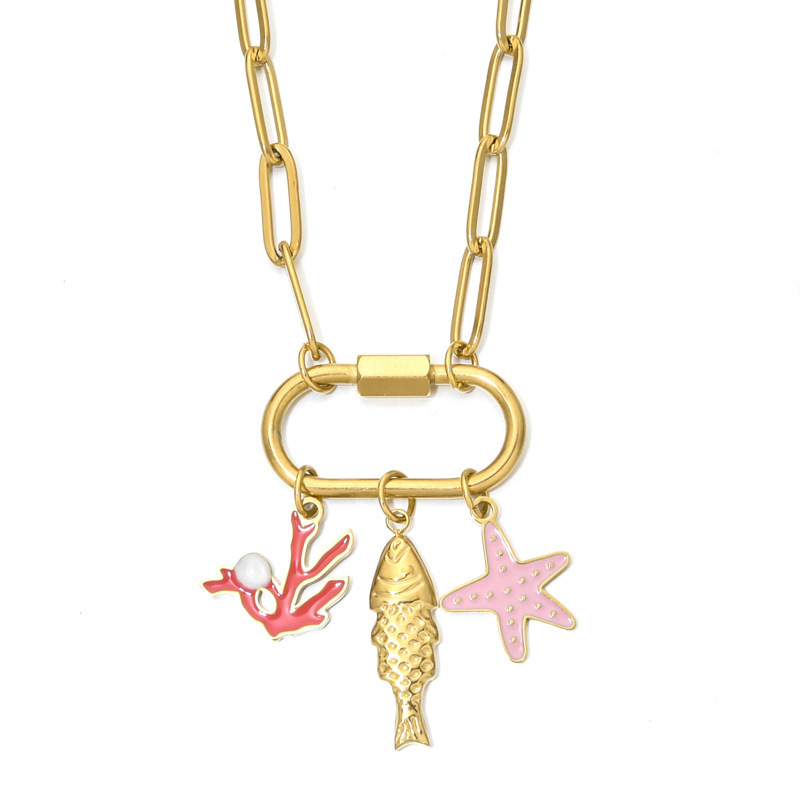 Stainless Steel Pendant Necklace DIY Fish Starfish Ocean Theme Accessories Climbing Buckle Clavicle Chain Jewelry For Women