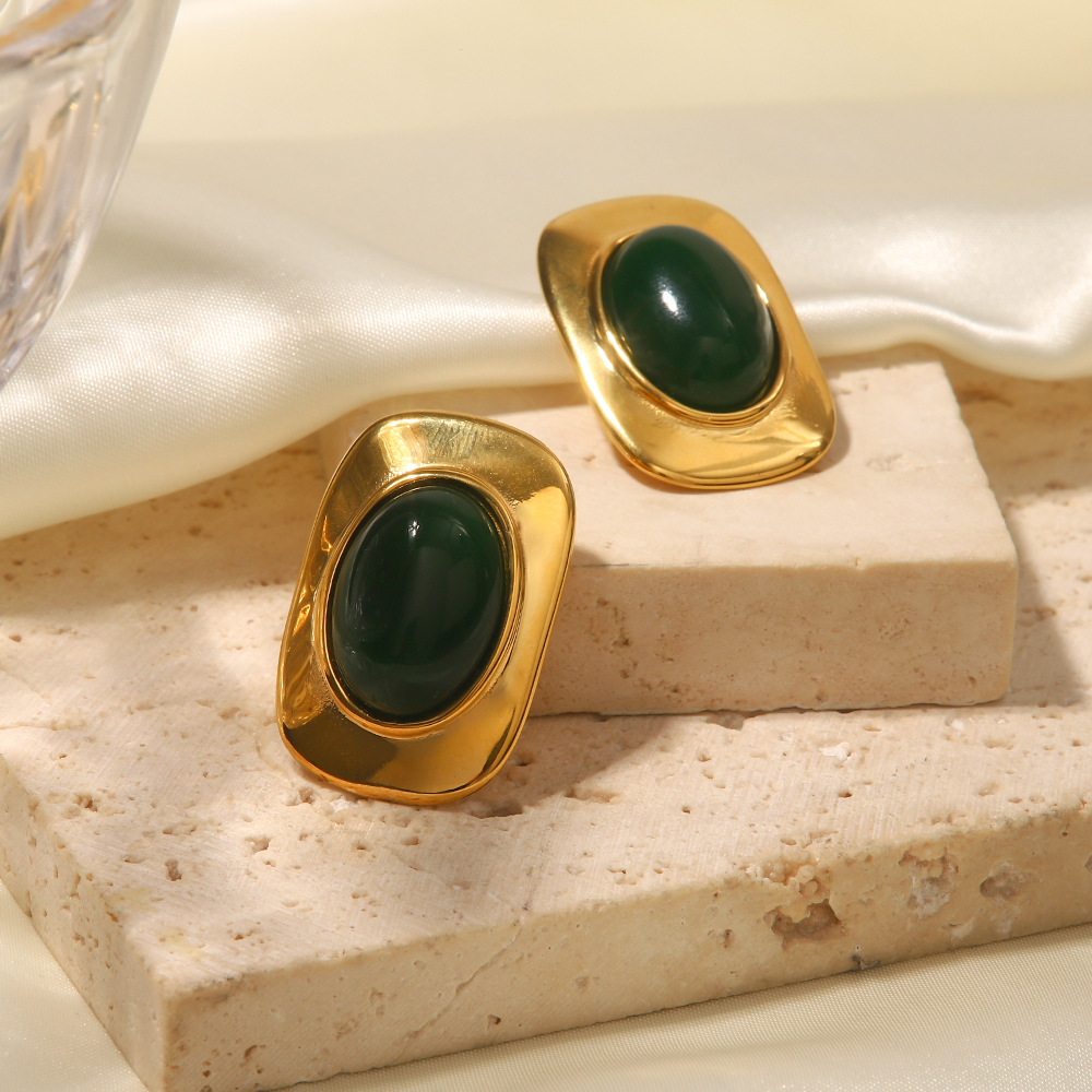 304 Stainless Steel Geometric PVD Coated Cat's Eye Stone 18K Real Gold Plated Retro Classic Style Inlay Ear Studs