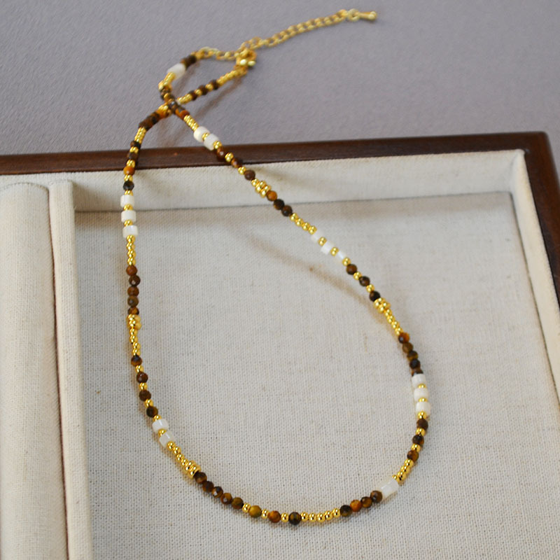 French Vintage Design Shell Beads Tiger Eye Stones Necklace Collarbone Chain Women Simple Elegance Jewelry Accessories