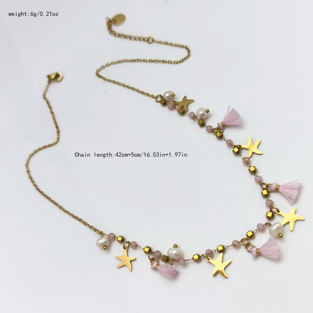 Handmade Bohemian Beach Tassel Necklace Women's Pearl Starfish Coast Jewelry Fashionable Stainless Steel Mixed Material