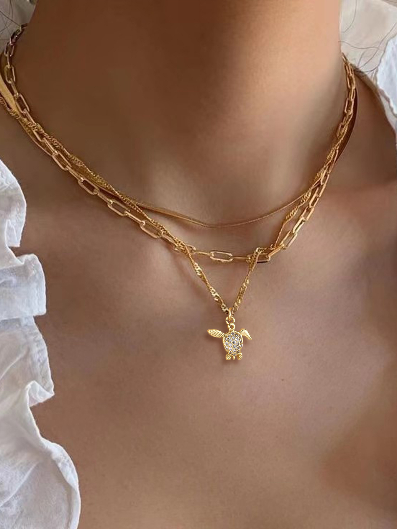 Women's Multi-layer Necklace Gift Set Gold Heart Pendant + Snake Bone Chain + Round Bead Chain French Light Luxury Style Versatile Necklace Niche Design Accessories