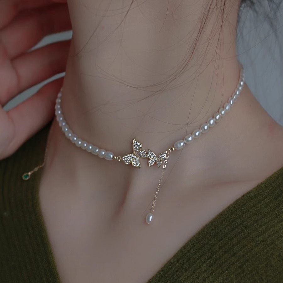 High-Quality Freshwater Pearl Choker Necklace With Natural Strong Light Double Butterfly Tassel Pendant Fashionable Women's Jewelry