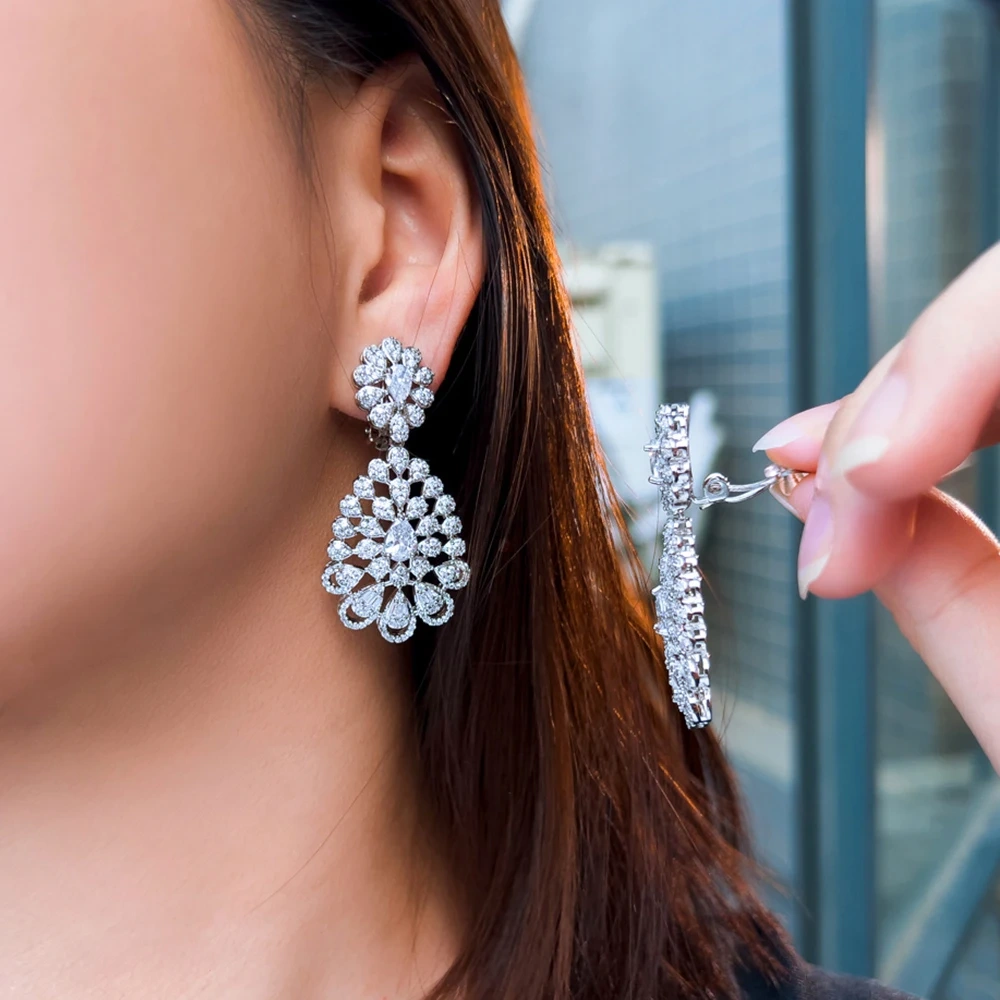 Fashion White Cubic Zirconia Clip-On Earrings Suitable For Wedding Party Bride Long Dangling Non-Pierced Earrings For Women
